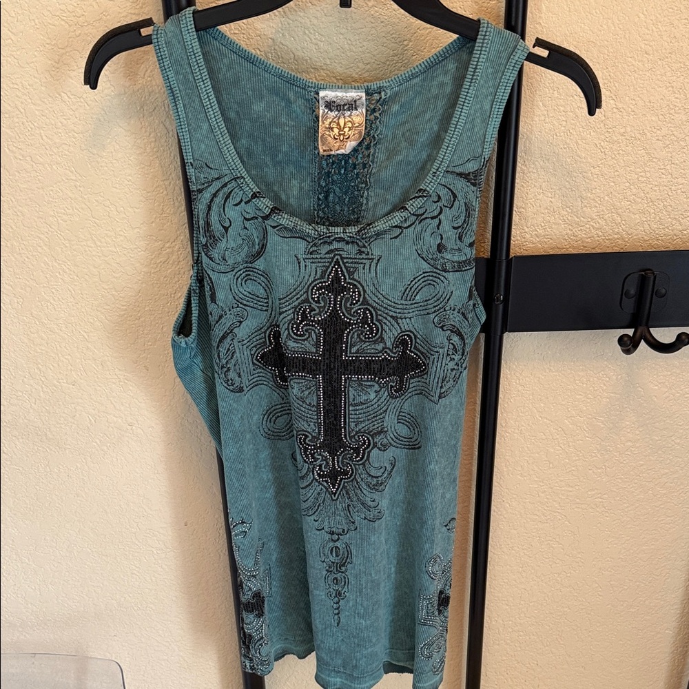 Teal Embellished Tank Top with Cross Design